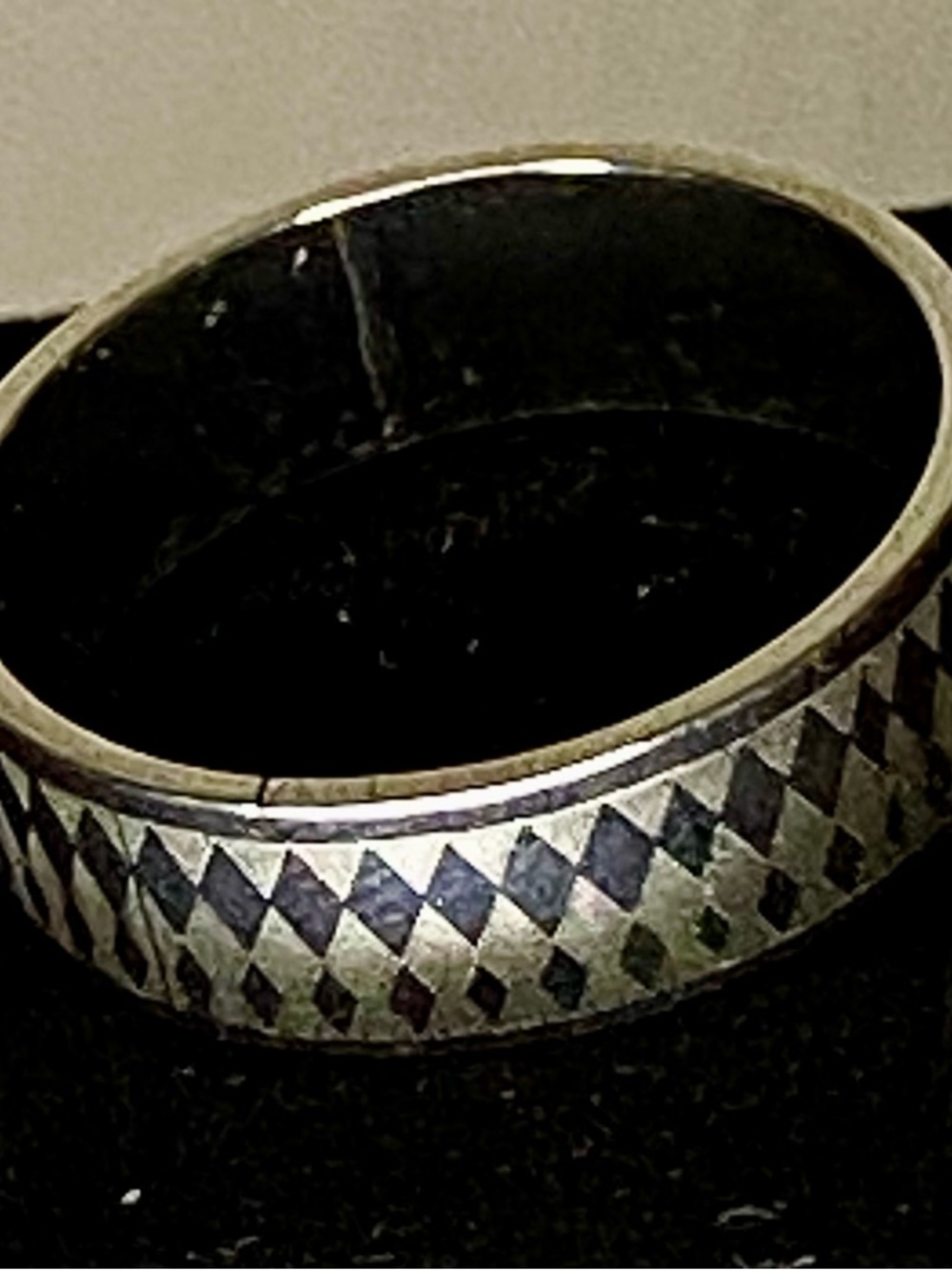 Men's Silver-Tone Geometric Pattern Ring - Black Accents